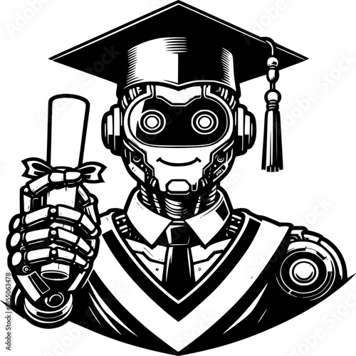 Artificial Intelligence Graduation: An intelligent robot, adorned in a graduation cap and gown, holds a diploma, symbolizing the future of education.