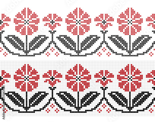 Embroidered cross stitch seamless pattern of stylized convolvulus flowers. Vector illustration