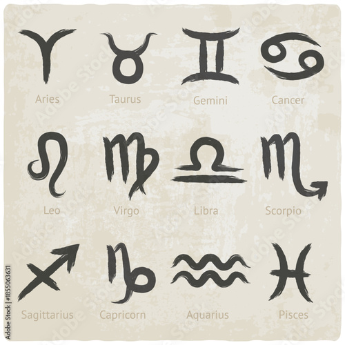 Set of zodiac sign icons drawn with a brush on a grunge background. Vector illustration