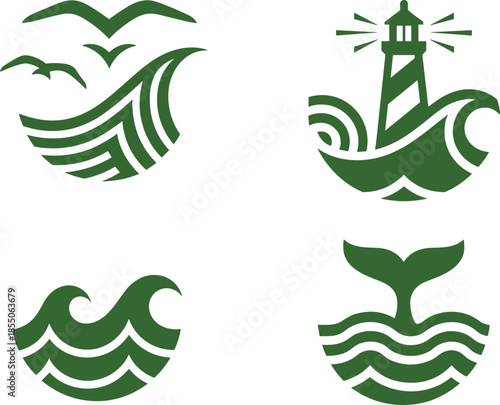 Minimal nautical logo icons set, lighthouse, ocean waves, seagulls and whale tail, marine symbols, flat vector illustration