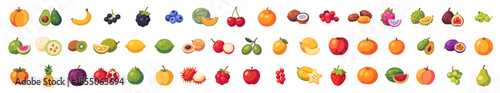 fruits large collection of 50 ripe fruit icons, big assorted set, isolated flat style vector illustration