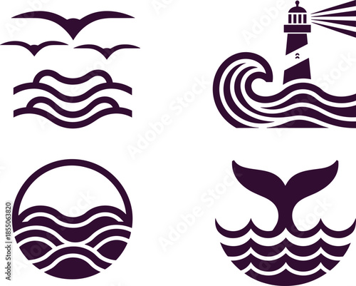 Minimal nautical logo icons set, lighthouse, ocean waves, seagulls and whale tail, marine symbols, flat vector illustration