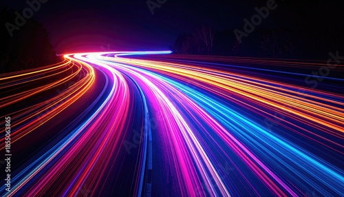 Long exposure captures blurred vehicle trails as streams of light on a winding roadway at night