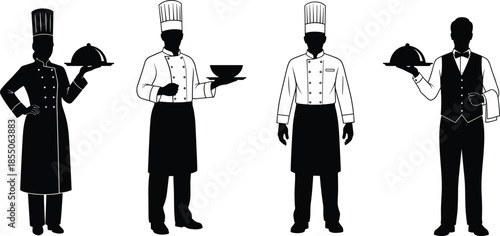 Collection of black silhouettes of chefs and waiters holding food trays isolated on white background for restaurant menu catering advertisement.