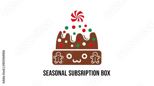 Cute Christmas cake hat logo with gingerbread man and candy, seasonal subscription box concept