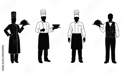 Collection of black silhouettes of chefs and waiters holding food trays isolated on white background for restaurant menu catering advertisement.