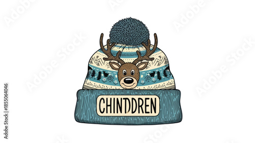 Cute Reindeer Bobble Hat with "Chinddren" Text - Winter Fashion for Kids