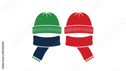 Winter Hats and Scarves Icon Set - Green, Red, Blue Colors