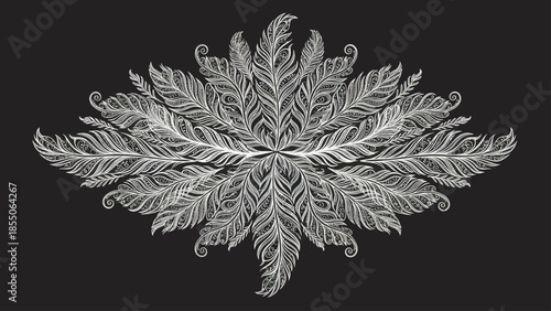 White Feather Mandala Pattern on Black Background, Ornate and Intricate Design