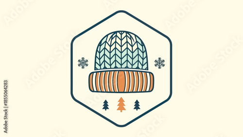 Winter Beanie Hat Icon with Snowflakes and Trees - Cold Weather Emblem