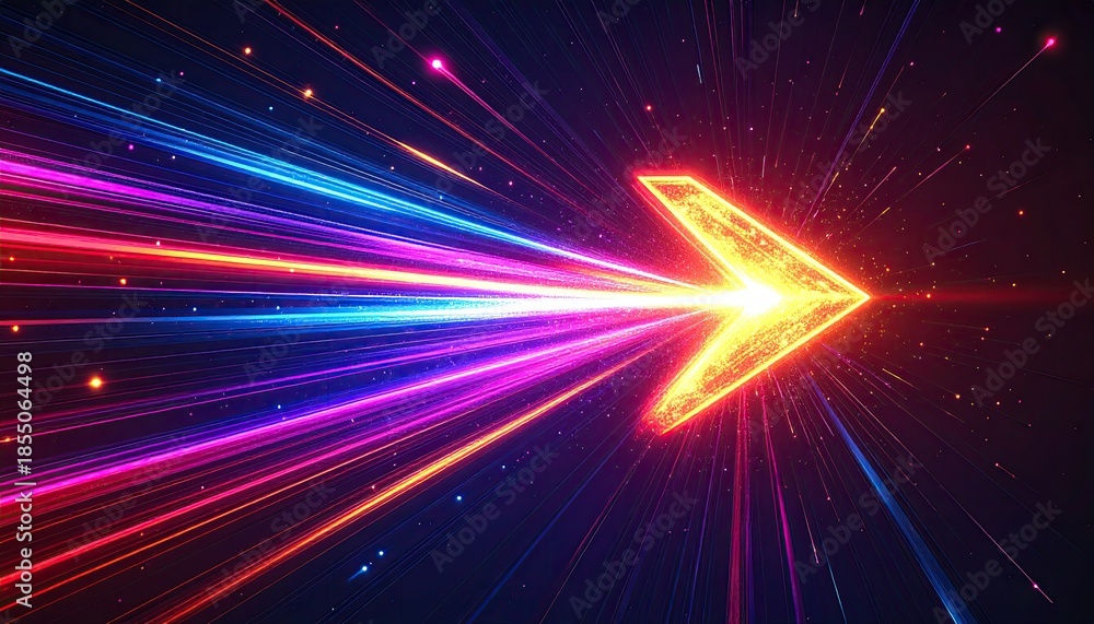 Fototapeta premium Digital arrow of vibrant colors shooting forward with streaks in a dark background