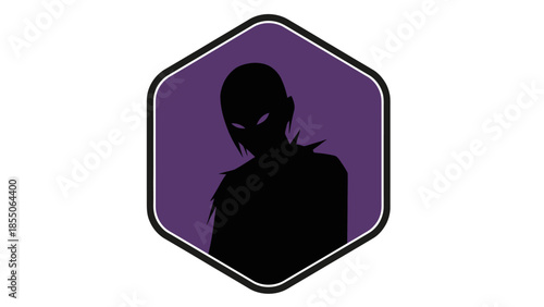 Mysterious Silhouette Icon with Glowing Eyes in Purple Hexagon