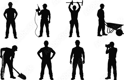 Collection of black silhouettes of construction workers and builders with tools and equipment isolated on white background for industrial labor.