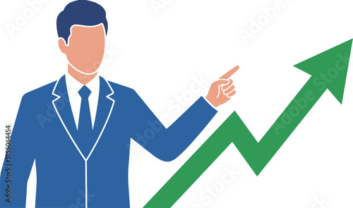 Businessman pointing at a green upward growth arrow graph. Vector illustration of financial success and sales presentation.