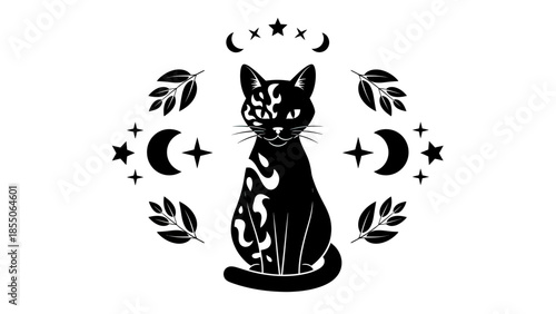 Mystic Black Cat Silhouette with Crescent Moon and Stars