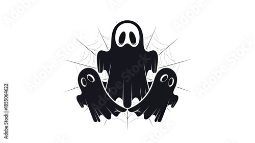 Three Silhouettes of Ghosts and Spiderweb, Halloween Theme, Vector Illustration