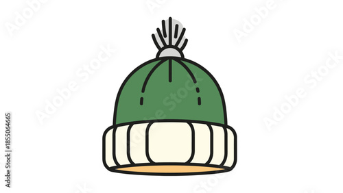 Green knitted winter beanie hat with pompom and cream cuff, isolated on white background.