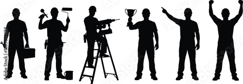 Collection of black silhouettes of construction workers, painters, and successful builders with tools and trophies isolated on white background for.