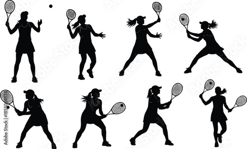 Collection of black silhouettes of female tennis players with rackets hitting balls isolated on white background for women sports promotion.