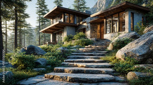Old Stone House in a Traditional Japanese Garden Surrounded by Lush Trees Peaceful Landscape with Wooden Gazebo Blue Sky and Classic Village Architecture