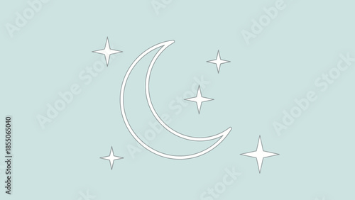 Simple crescent moon and stars icon on pastel blue background, celestial vector illustration.