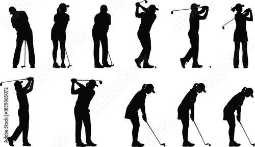 Collection of black silhouettes of male and female golfers swinging clubs and putting isolated on white background for golf sports.
