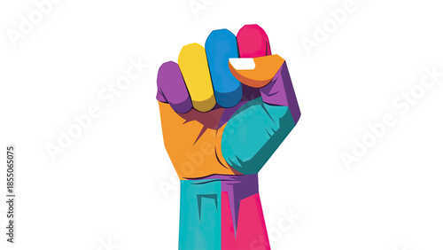 Colorful Fist Raised Up, Symbol of Power, Unity, Activism and Strength