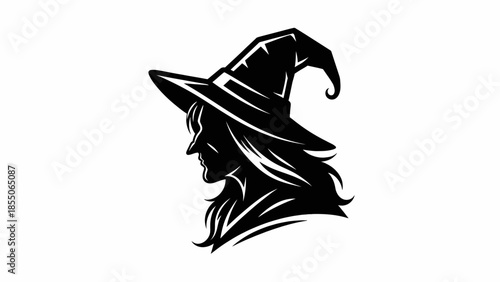 Witch Silhouette Profile, Spooky Halloween Character, Pointed Hat, Long Hair