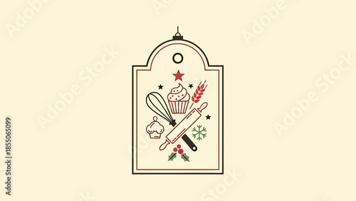 Baking Holiday Tag Icon: Cupcake, Whisk, Rolling Pin, Holly, Snowflake