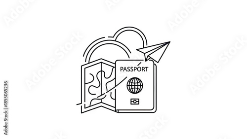Travel planning icon: passport, map, paper airplane, and cloud outlines