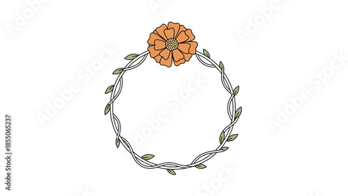 Hand-drawn floral wreath with orange marigold and green leaves, rustic design