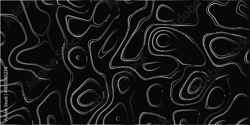 Abstract black background with intricate white and gray contour lines forming organic, irregular shapes and loops, creating a visually striking and detailed abstract pattern for graphic design