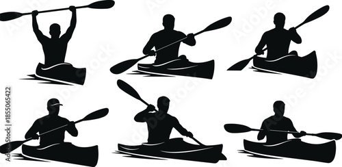 Collection of black silhouettes of men rowing in kayaks with paddles isolated on white background for outdoor water sports recreation.