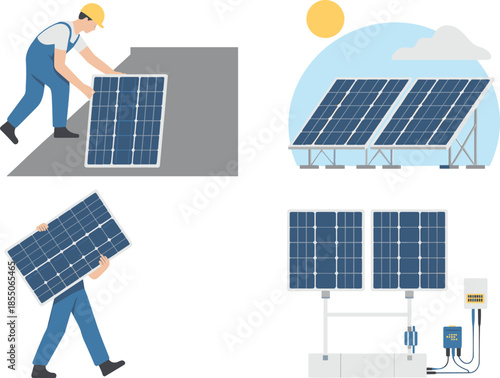 Solar panel installation illustration, renewable energy system, solar power generation, green technology concept, photovoltaic panels, clean energy vector design