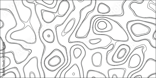 Black and white abstract pattern featuring bold black contour lines defining irregular organic shapes and fluid forms, suitable for modern graphic design and artistic backgrounds