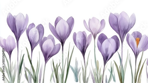 adorable watercolor crocus flowers, soft lavender, white background