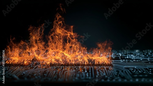 a dramatic contrast between a literal inferno and an electronic microchip surface