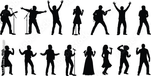 Collection of black silhouettes of musicians and singers performing with guitars and microphones isolated on white background for live entertainment.