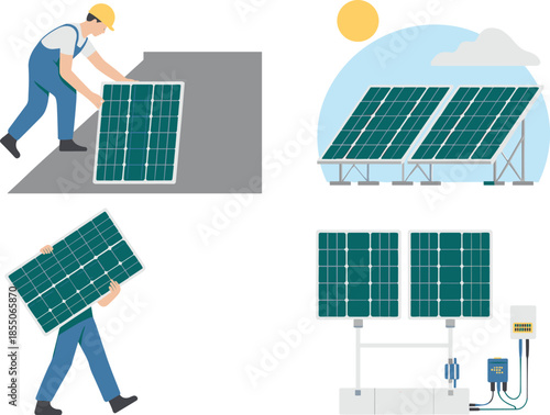Solar panel installation illustration, renewable energy system, solar power generation, green technology concept, photovoltaic panels, clean energy vector design