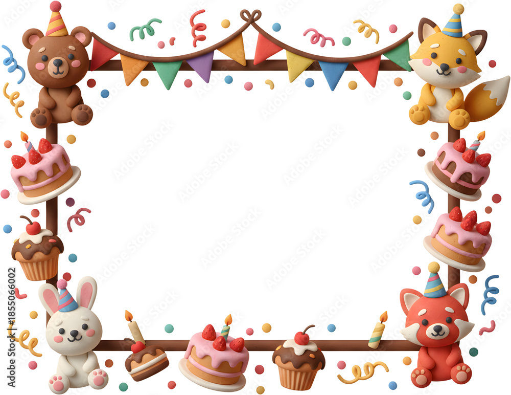 Fototapeta premium Colorful 3D illustration frame with cute animals and birthday elements