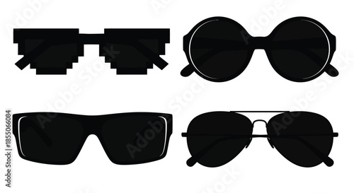 Four pairs of black sunglasses presented in a clean minimalist graphic style