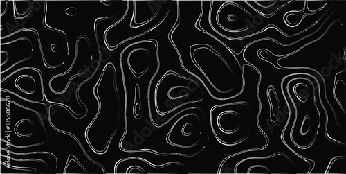 Abstract topographic map contour lines pattern with a textured metallic silver gradient effect on a stark black background, offering a dramatic and high-contrast visual for artistic and design