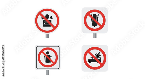 Four prohibition signs no camping no bathing no entry and no vehicles