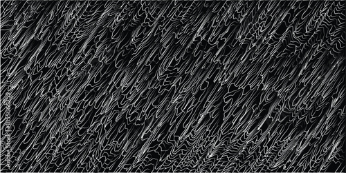 Dense, chaotic pattern of white swirling lines and curves on a black background, creating an energetic and abstract visual texture