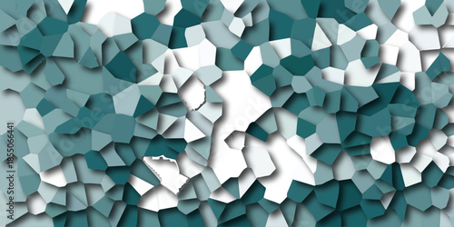 Mosaic of irregular polygonal shapes in shades of teal and white, with distinct shadows creating a dimensional, abstract background with a modern geometric feel