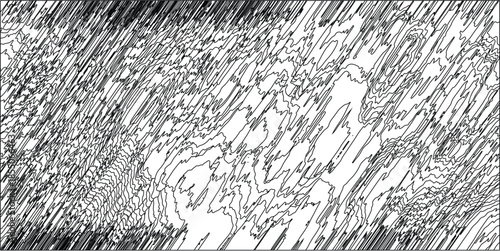 Striking black and white abstract illustration with bold, thick contour lines and dense hatching creating a dramatic textured pattern with high contrast and a sense of raw energy