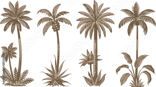 Vintage palm tree illustration set in monochrome brown, tropical botanical landscape elements, retro engraving style nature collection design