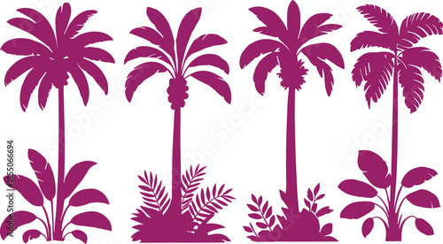 Vintage palm tree illustration set in monochrome brown, tropical botanical landscape elements, retro engraving style nature collection design