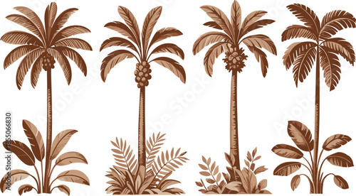 Vintage palm tree illustration set in monochrome brown, tropical botanical landscape elements, retro engraving style nature collection design