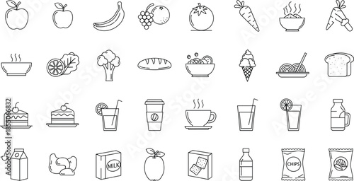 Food and drink icon set in black-and-white line style featuring fruits, vegetables, beverages, desserts, and packaged goods